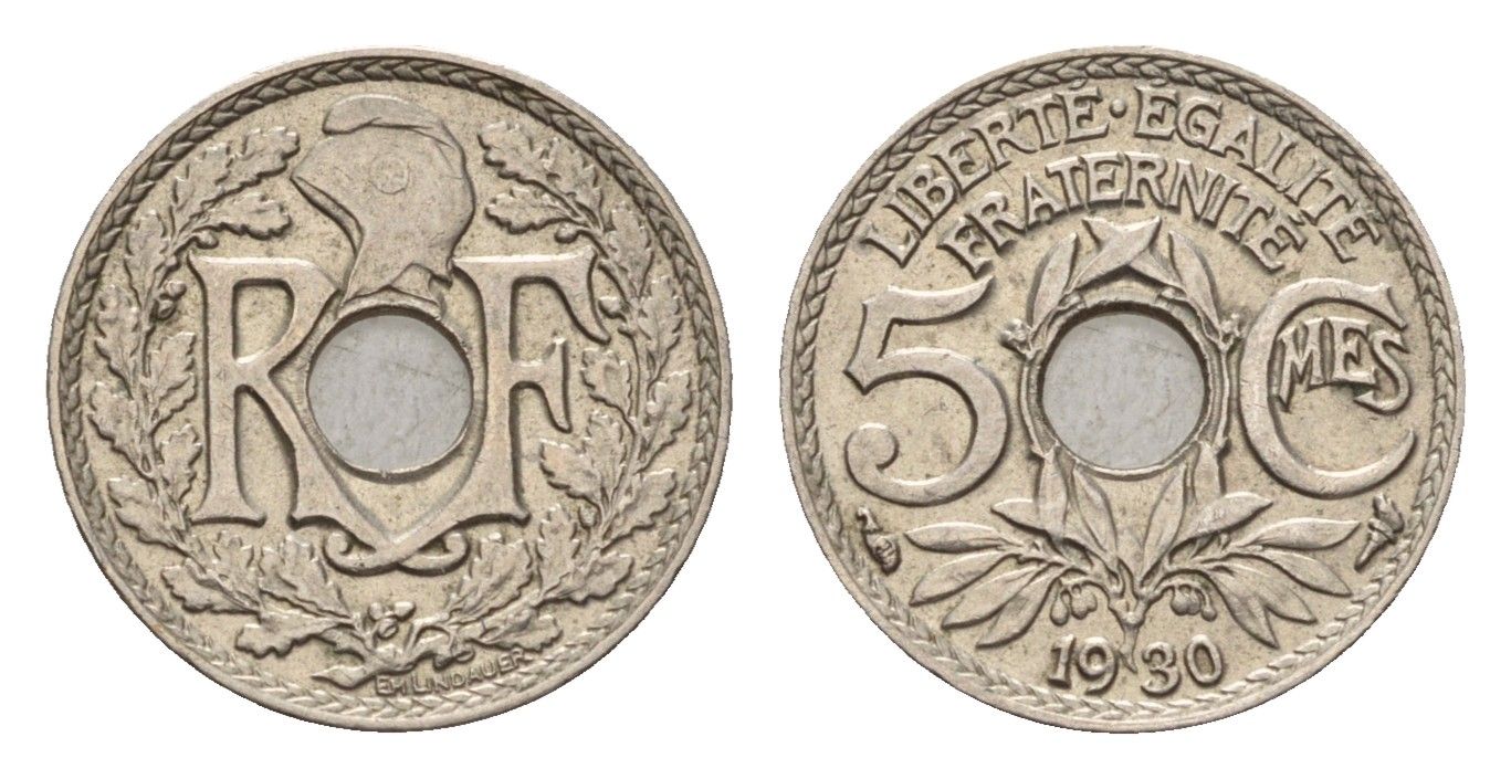 Франция 5 сантимов 1930 KM 875, Le Franc 122.13 медно-никель 4630-234