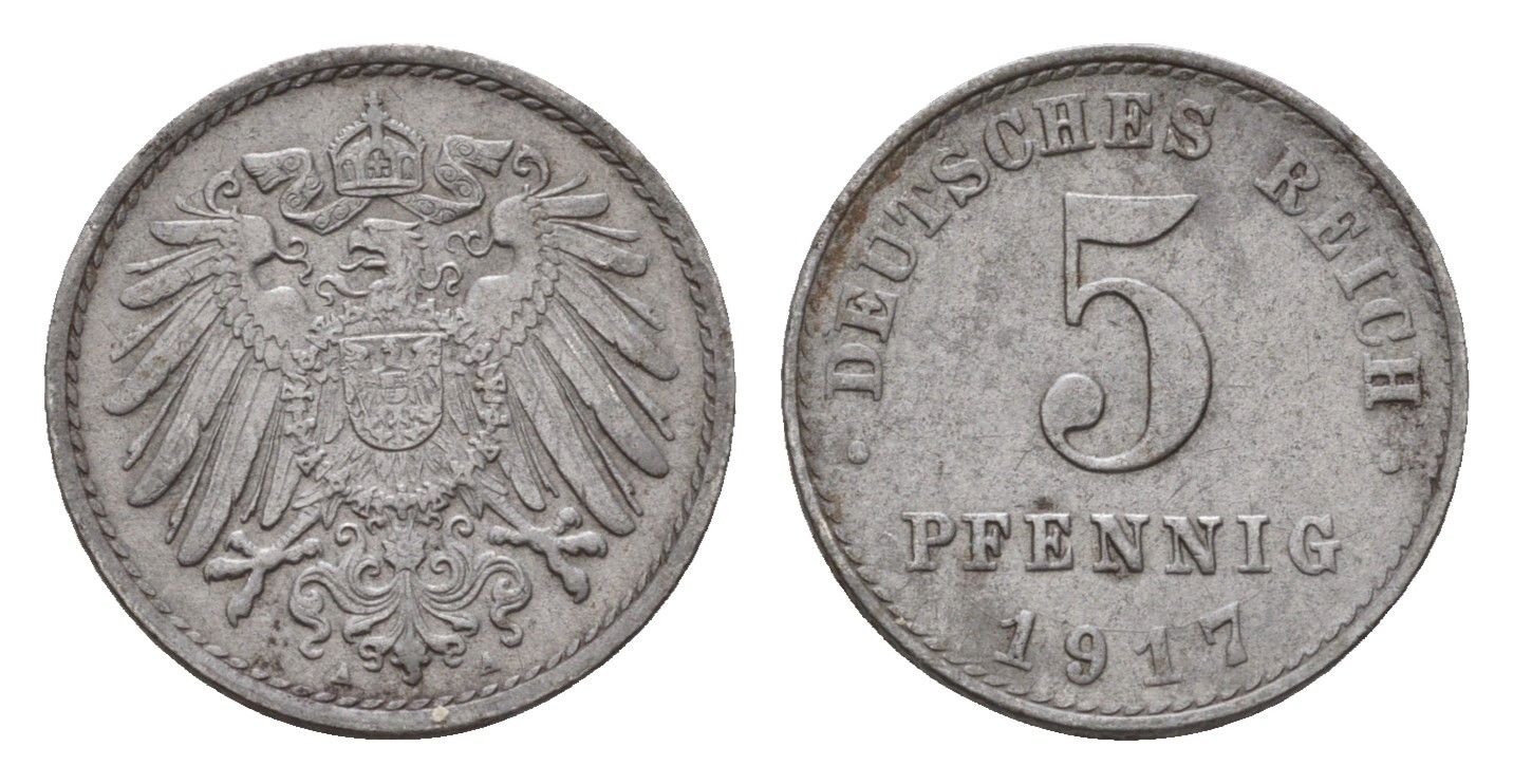Германия 5 пфеннигов 1917 A, Вильгельм II (1888-1918) KM 19, J. 297 железо плакированная цинком 54-557