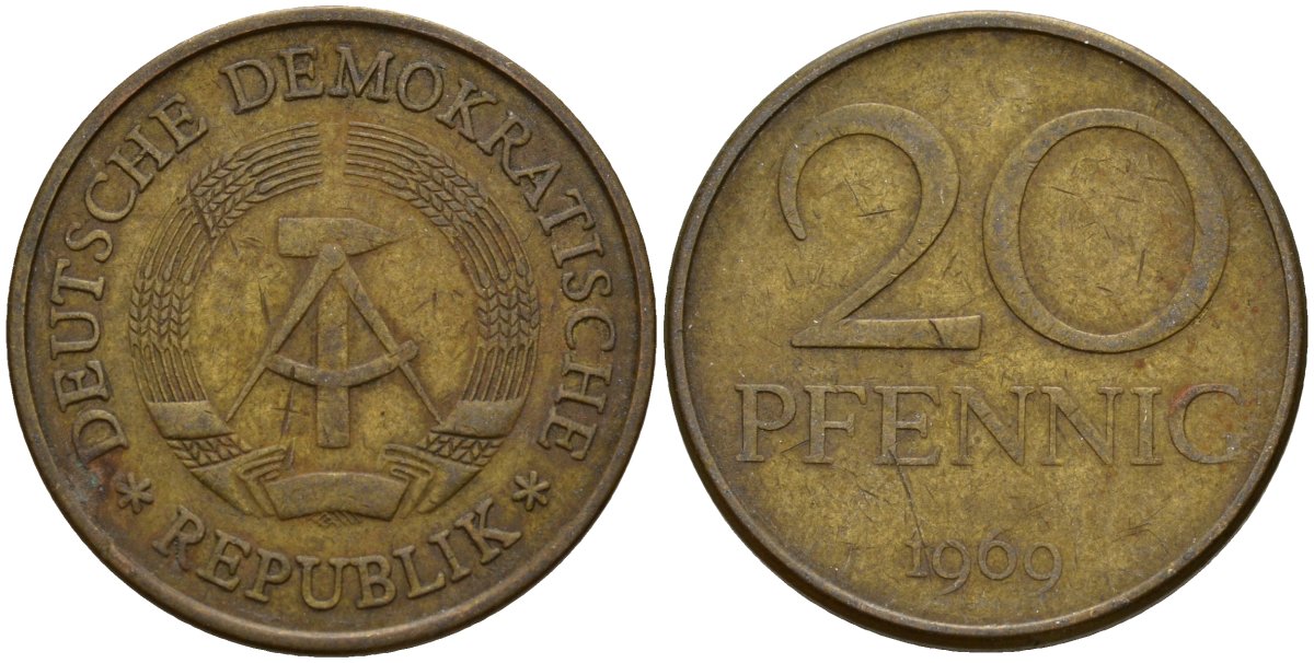 ГДР 20 пфеннигов 1969 A, первый год KM 11 латунь 92-736