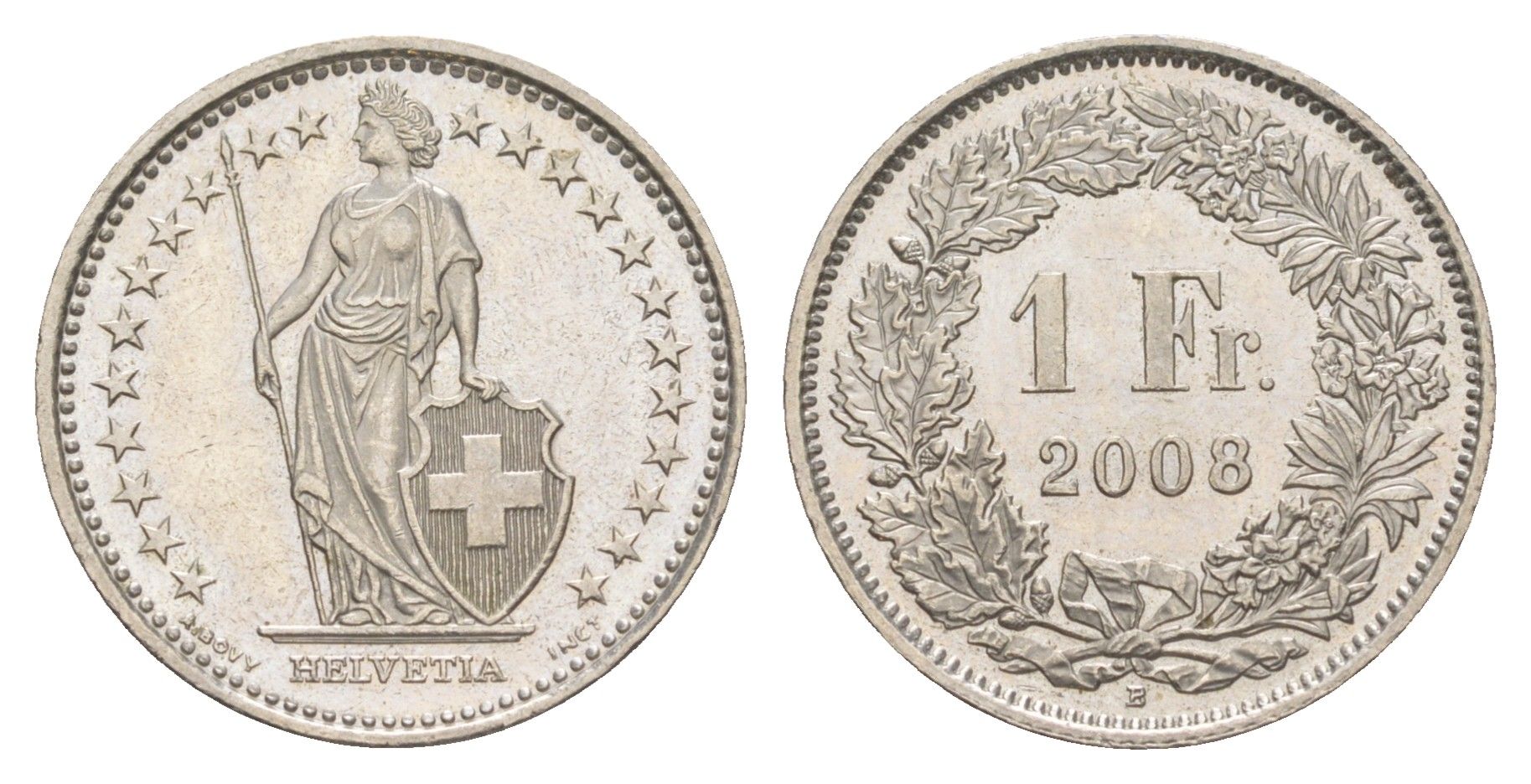 Швейцария 1 франк 2008 KM 24a медно-никель UNC 4556-742