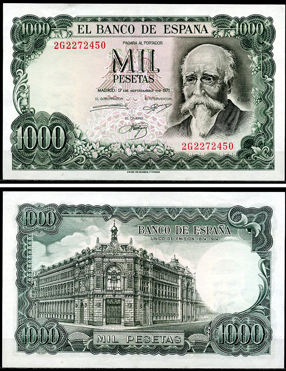 Испания 1000 песет 1974 (1971) Хосе Эчегерай-и-Эйсагирре, 100 лет со дня того, как Banco de España стал единственным банком-эмитентом (1874–1974) Pick 154  бумага   451-1245-1
