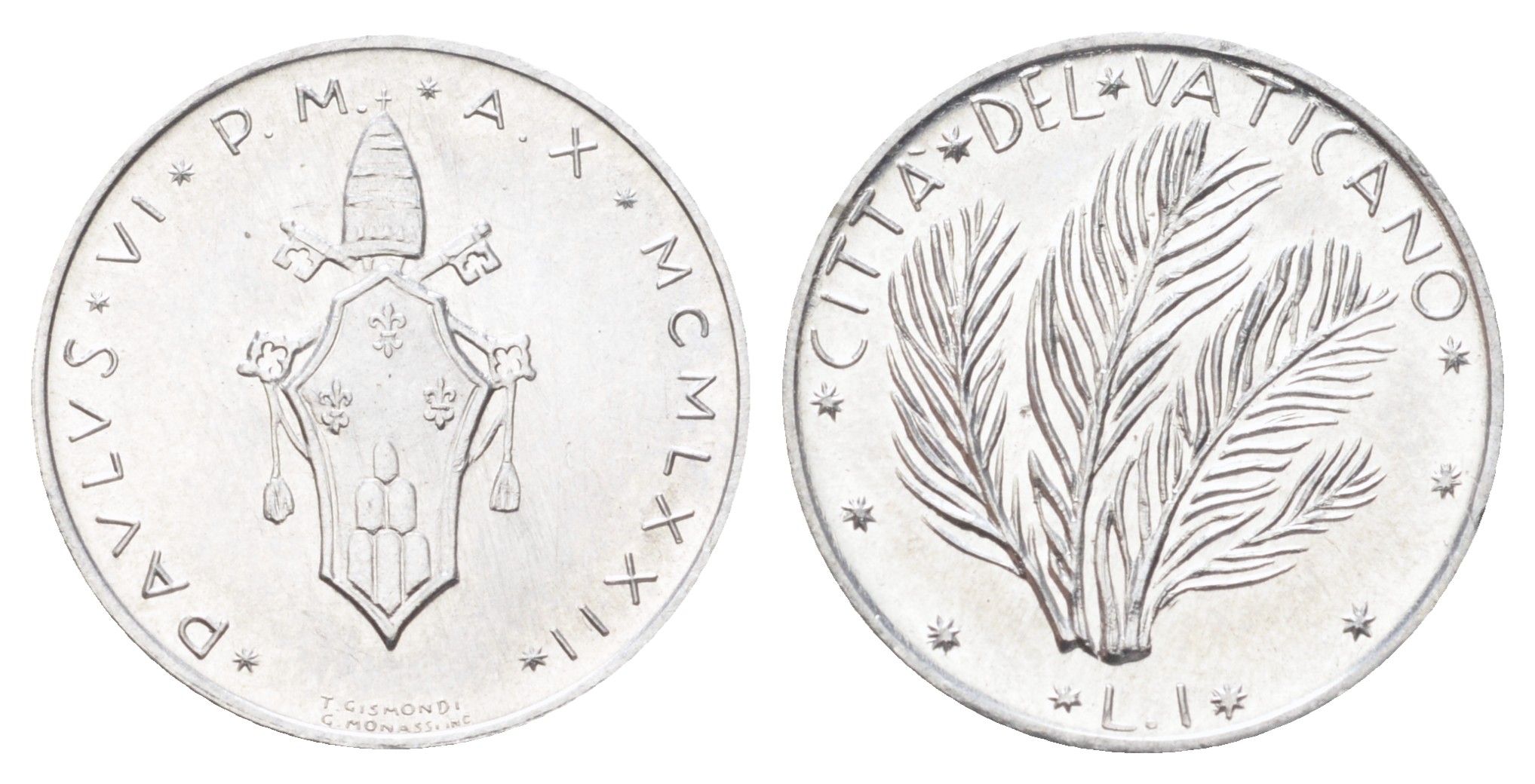 Ватикан 1 лира 1970 MCMLXX, Павел KM 116 алюминий UNC 4697-1022
