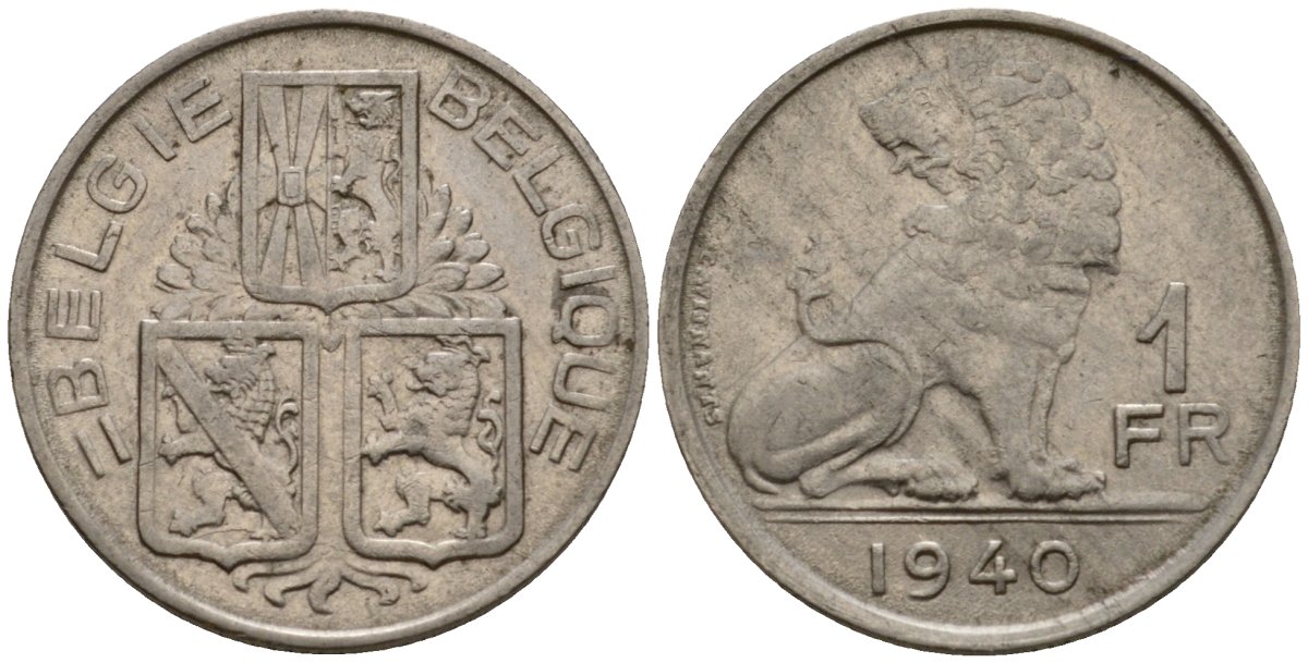 Бельгия 1 франк 1940 Belgie - Belgique KM 120 никель 217-1112
