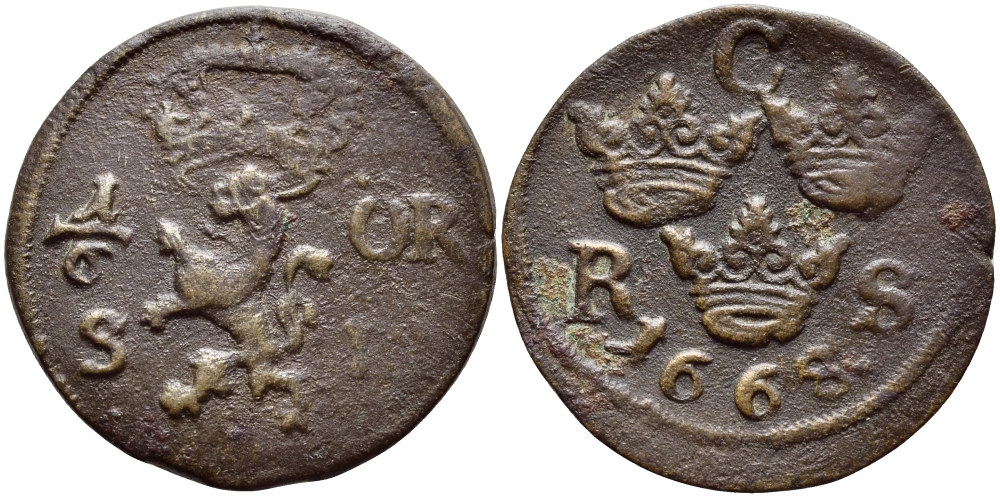 Швеция 1/6 эре 1668 Карл XI (1660-1697) KM 254 медь 4395-1116