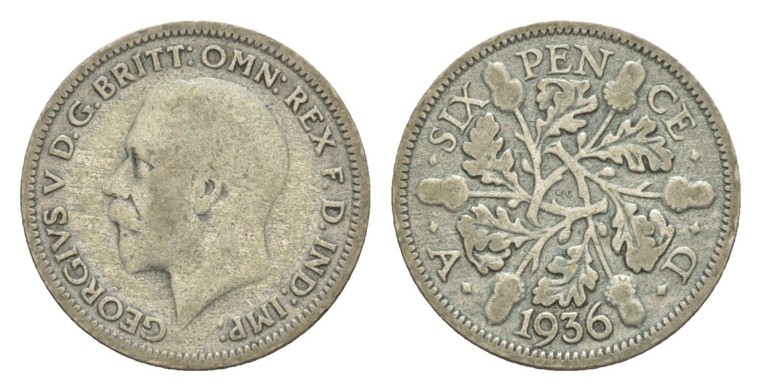 Великобритания 6 пенсов 1936 Георг V (1910-1936) KM 832, Spink 4040 серебро 34-354