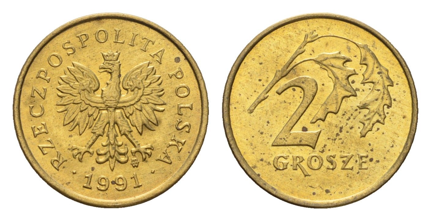 Польша 2 гроша 1991 Y 277 марганец латунь UNC 4674-945