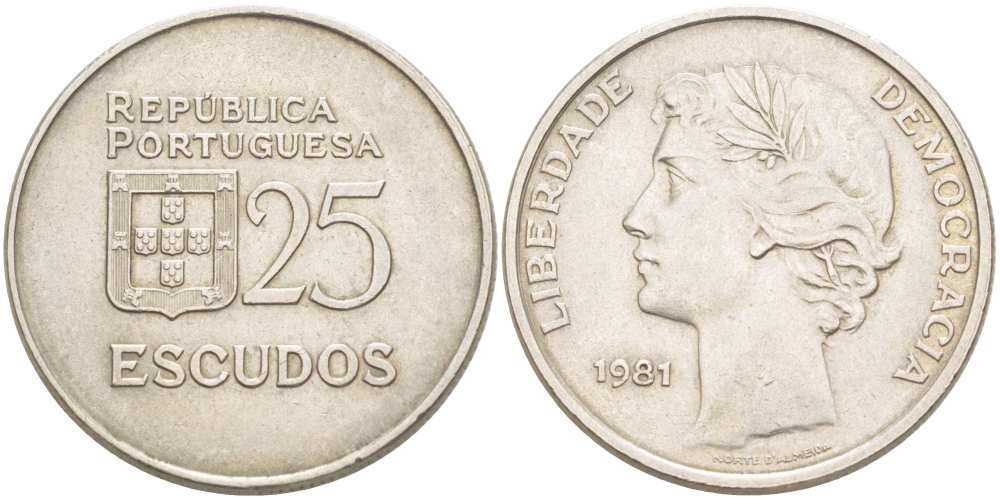 Португалия 25 эскудо 1981 KM 607а медно-никель 4517-415