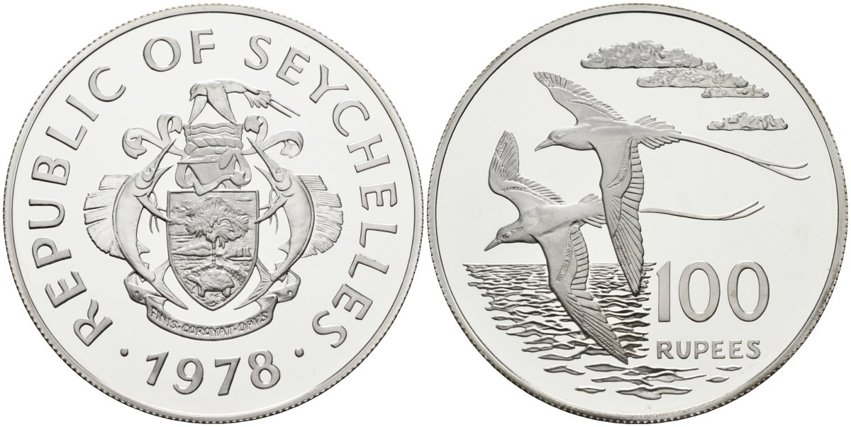 Сейшельские острова 100 рупий 1978 серия защита окружающей среды, белохвостый фаэтон, тираж 4453 экз. KM 40 серебро UNC 00-000-00