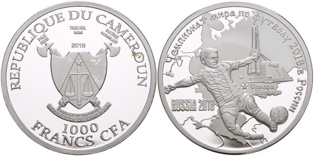 Камерун 1000 франков 2018 чемпионат мира по футболу - 2018, Россия, Самара серебро KM NEW PROOF 1088-2-52