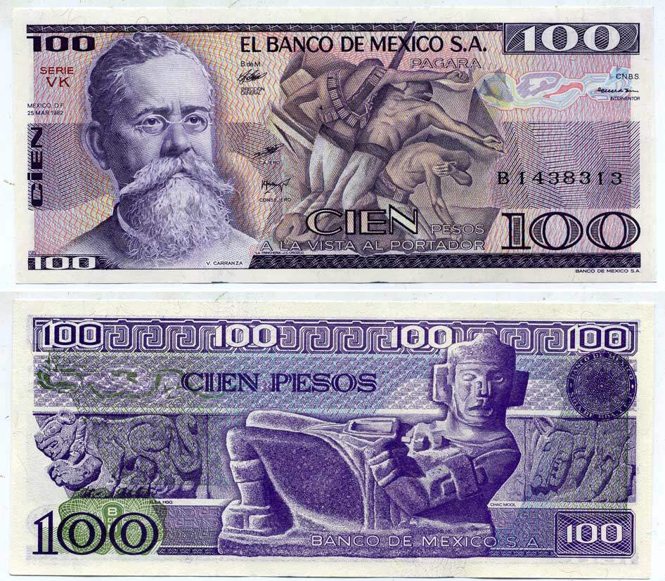 МЕКСИКА 100 ПЕСО 1982 25 МАЯ 1982, СЕРИЯ VK, ВЕННУСТИАНО КАРРАНСА Pick 74c бумага UNC (ПРЕСС) 6289-9-1-2