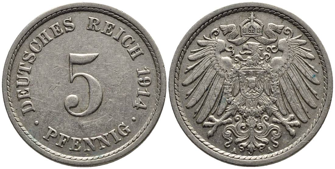 ГЕРМАНИЯ 5 ПФЕННИГОВ 1914 A KM 11, Jager 12, Weege 6 медно-никель 4547-539