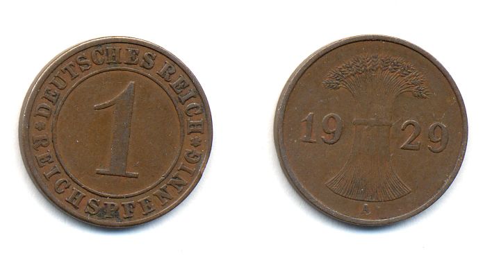 ГЕРМАНИЯ 1 РЕЙХСПФЕННИГ 1929 A KM 37, J. 313 бронза 57-152