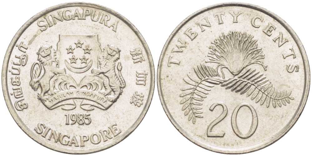 Сингапур 20 центов 1985 KM 52 медно-никель 210-822