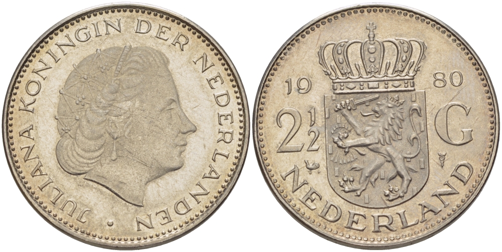 Нидерланды 2 1/2 гульдена 1980 Юлиана (1948-1980) KM 191 никель 38-143