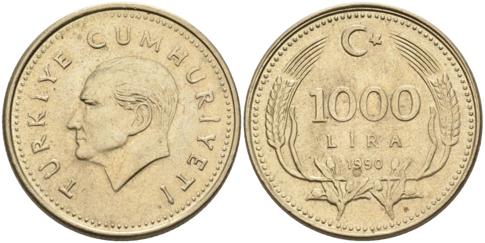 Турция 1000 лир 1990 Кемаль Ататюрк KM 997 медь никель цинк UNC 4561-131