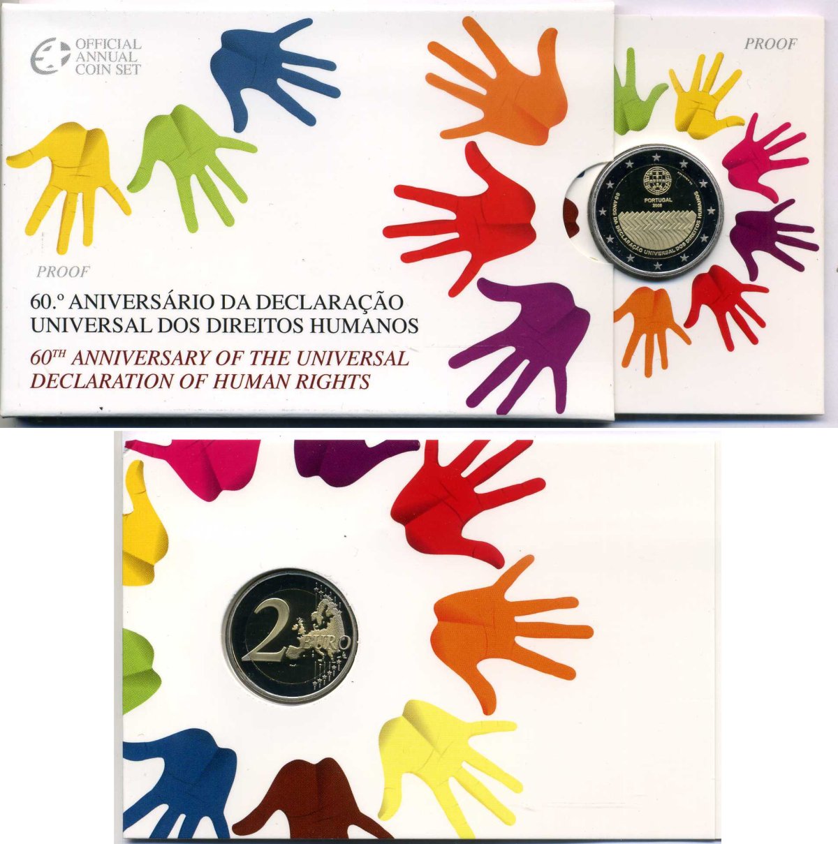Португалия 2 евро 2008 60 лет Декларации по правам человека, запайка, картонный буклет KM 784 биметалл PROOF 3-4-8-59