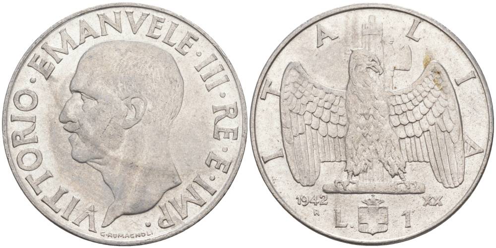 ИТАЛИЯ 1 ЛИРА 1942 R, ГОД XX, ВИКТОР ЭММАНУИЛ III (1900-1946) KM 77b, VEM3. 1102 нержавеющая сталь 3855-444
