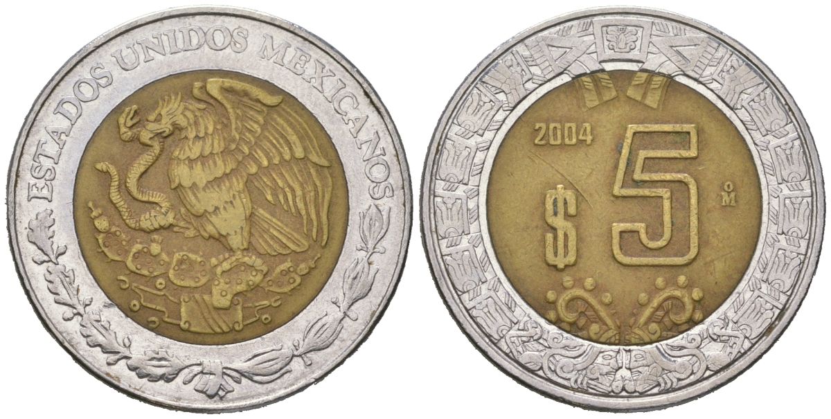 Мексика 5 песо 2004 M KM 605 биметалл 4525-1251