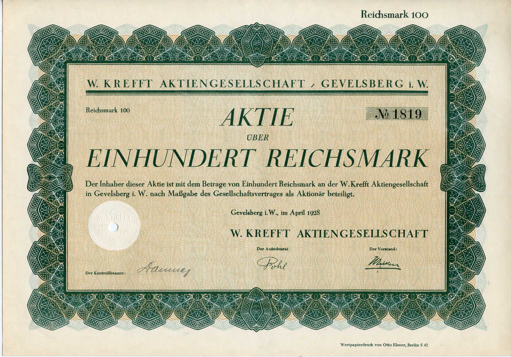 Германия 100 рейхсмарок 1928 Акционерное общество В. Креффта, Гевелсбер, акция   бумага   8803-72-1