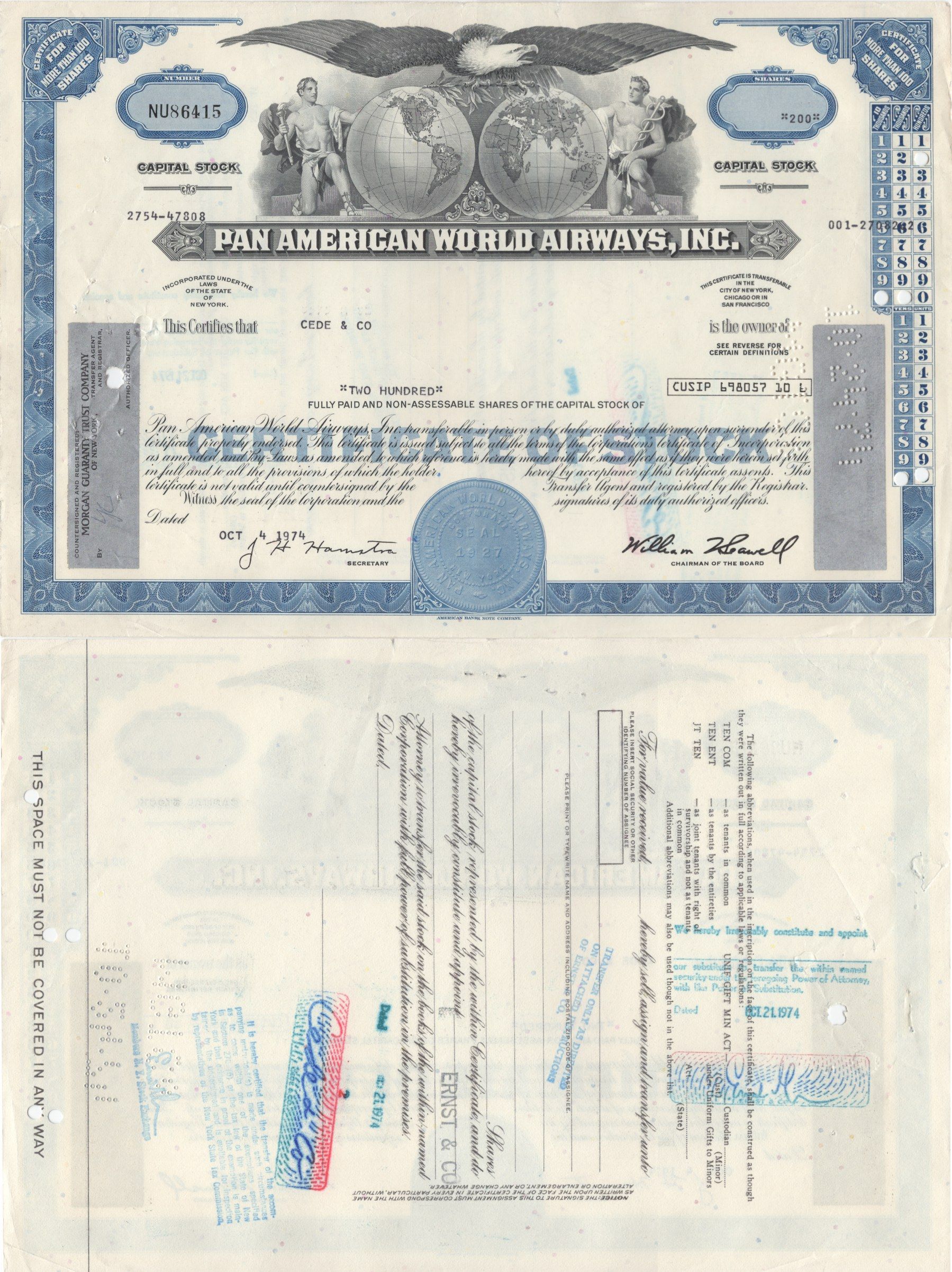 США, Pan American World Airwaysсертификат на 100 акций1974бумага5554-36-2
