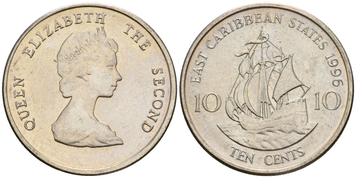 Восточно-Карибские штаты 10 центов 1996 Елизавета II (1952-2022), парусник KM 13 медно-никель UNC 4602-1137