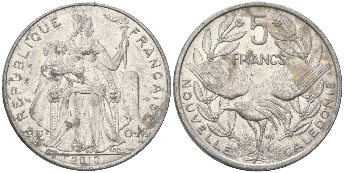 Французская Новая Каледония 5 франков 2010 птица кагу, (IEOM) KM 16, Schoen 12, Lec 81k алюминий 4111-646