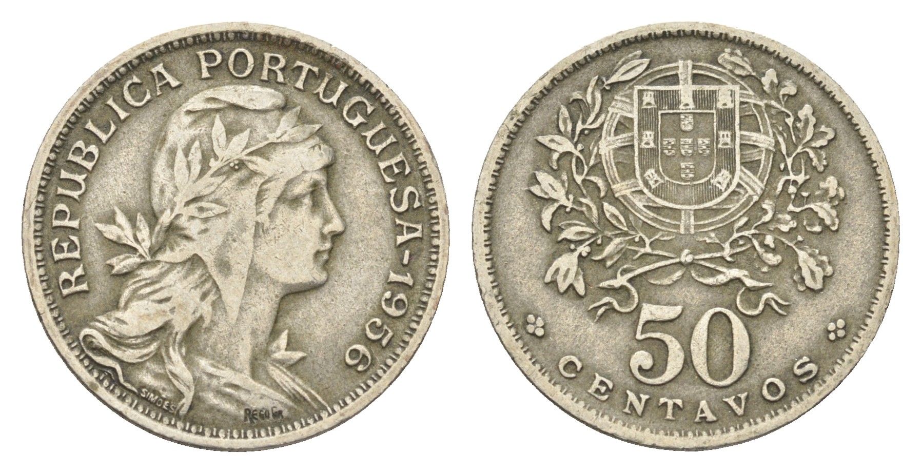 Португалия 50 сентаво 1956 голова Свободы вправо KM 577 никель латунь 4659-638