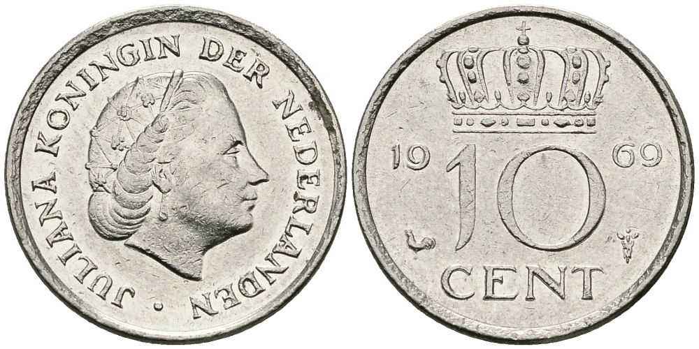 Нидерланды 10 центов 1969 Юлиана (1948-1980) KM 182 никель 96-354