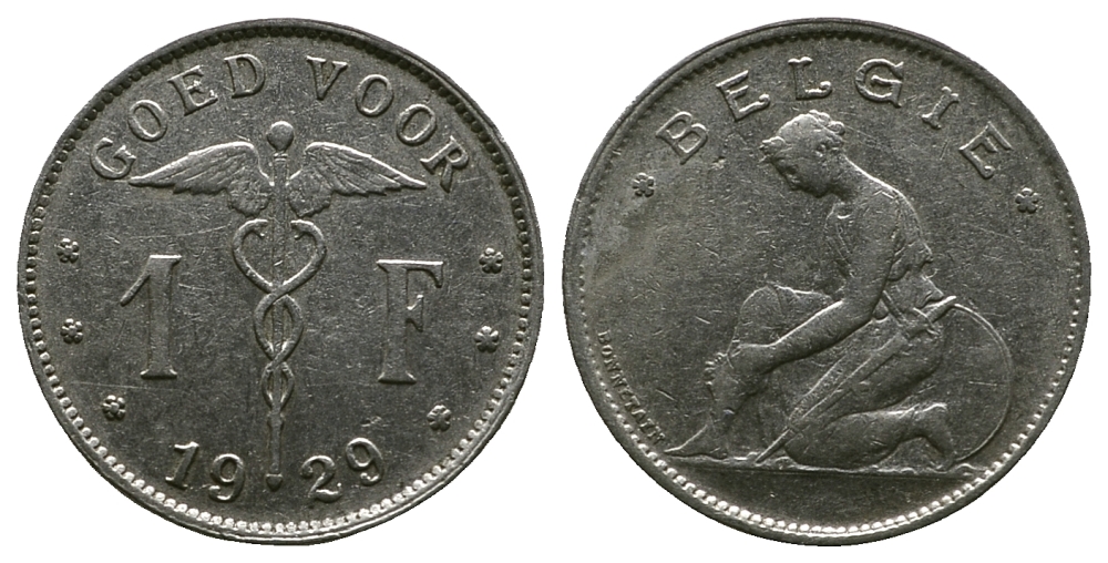 БЕЛЬГИЯ 1 ФРАНК 1929 BELGIE KM 90 никель 4384-115