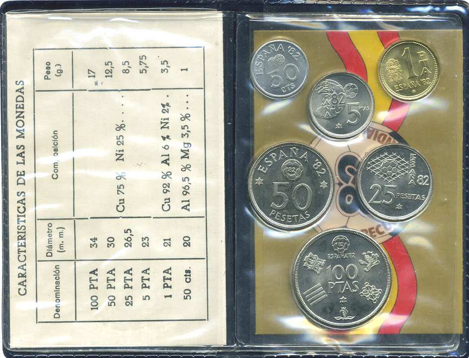 Испания официальный набор из 6 монет (50 сентимов; 1, 5, 25, 50 и 100 песет) 1980 чемпионат мира по футболу в Испании 1982 года KM MS11 (815, 816, 817, 818, 819 и 820)  UNC 5-4-3-68