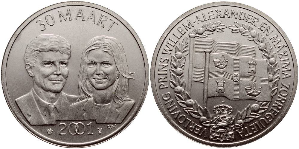 НИДЕРЛАНДЫ МЕДАЛЬ 2001 30 МАРТА 2001 СВАДЬБА ПРИНЦА ВИЛЛЕМА-АЛЕКСАНДРА И МАКСИМЫ, 33 мм, 15,6 гр медно-никель UNC 650-1132