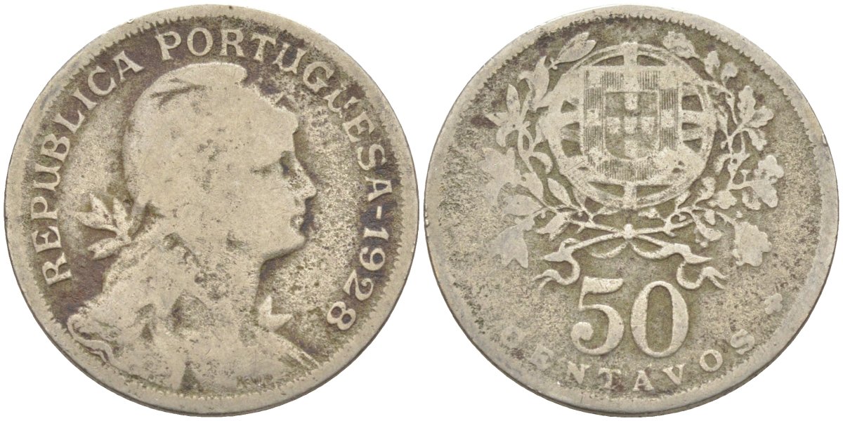 Португалия 50 сентаво 1928 голова Свободы вправо KM 577 медно-никель 219-845