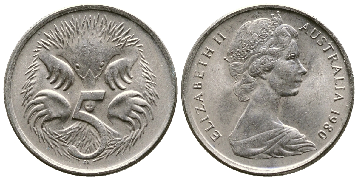 АВСТРАЛИЯ 5 ЦЕНТОВ 1980 ЕЛИЗАВЕТА II, МОЛОДОЙ ПОРТРЕТ, ЕХИДНА KM 64 медно-никель UNC 4383-135