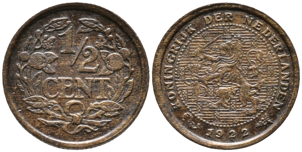 НИДЕРЛАНДЫ 1/2 ЦЕНТА 1922 ВИЛЬГЕЛЬМИНА I (1890-1948) KM 138 бронза 100-557