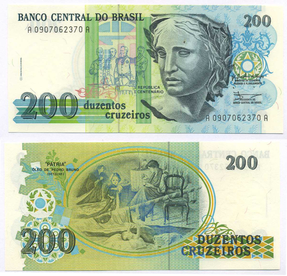 БРАЗИЛИЯ 200 КРУЗЕЙРО 1989 СЕРИЯ 0907 Pick 221 бумага UNC (ПРЕСС) 8595-28-2-2