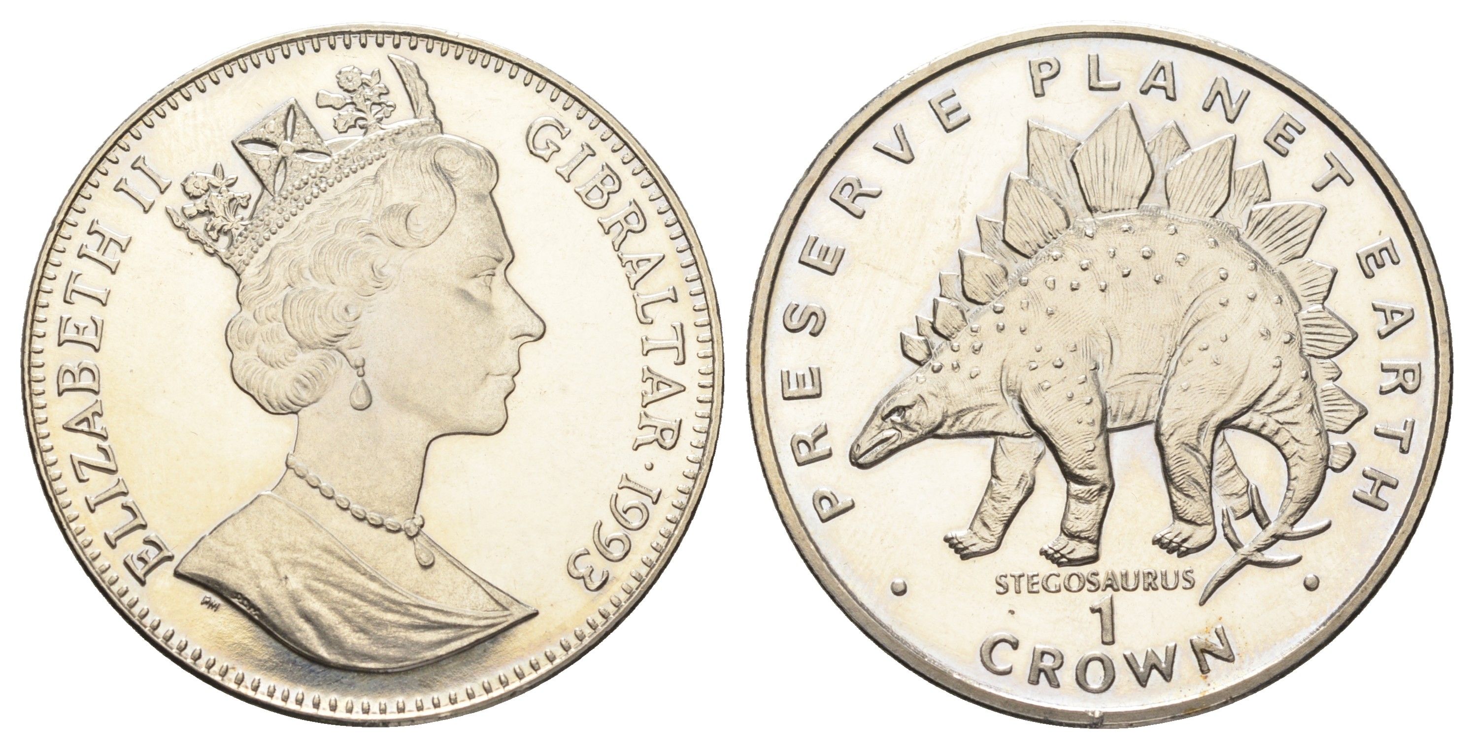 Гибралтар 1 крона 1993 Заповедник планета Земля - Стегозавр (динозавр) KM 151 медно-никель BU 1524-1711