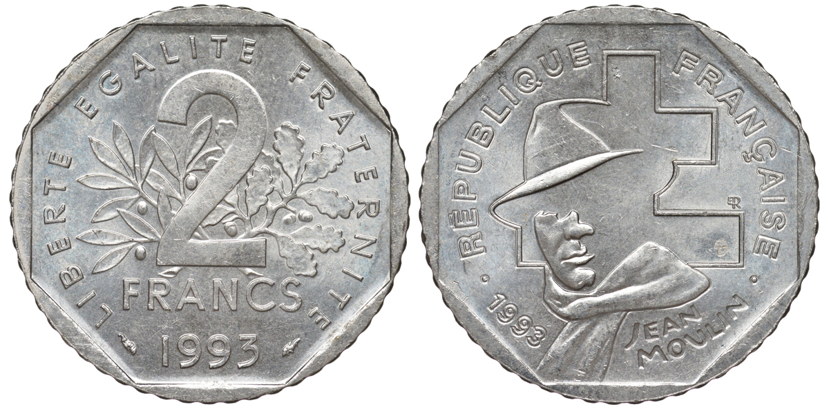 Франция 2 франка 1993 Жан Мулен, 50 лет Национальному движению сопротивления KM 1062, Le Franc 273.2 никель 4519-737
