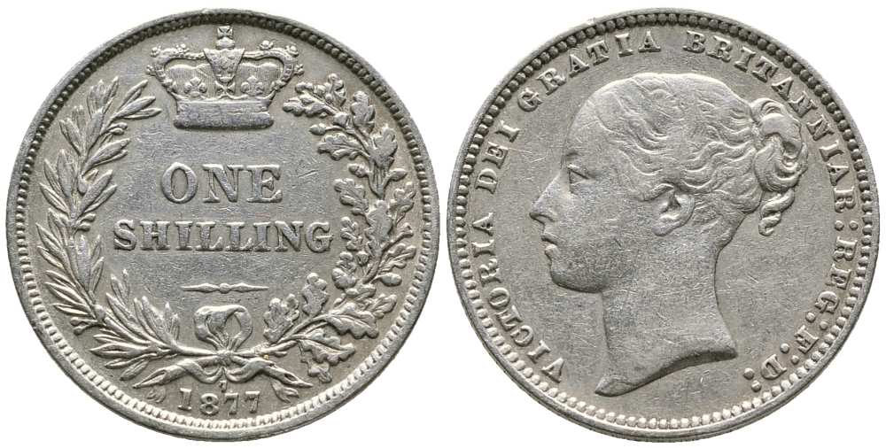 Великобритания 1 шиллинг 1877 Виктория (1837-1901) KM 734.2, Spink 3906А серебро 1518-434