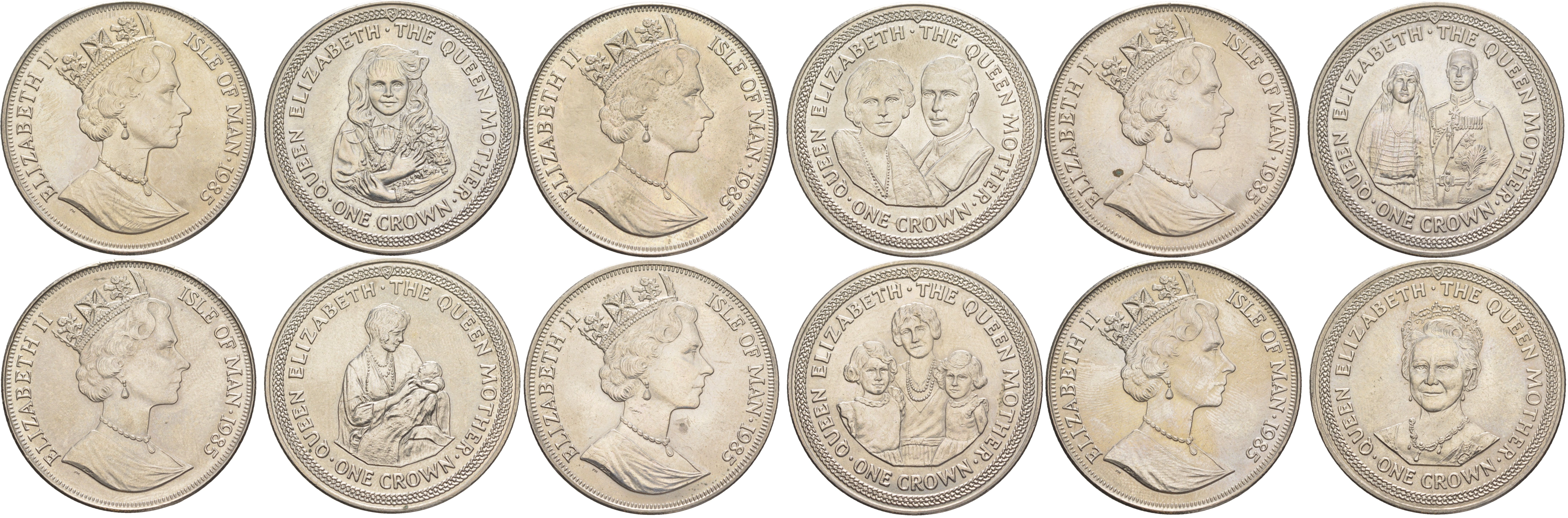 Остров Мэн полный набор из 6 монет (1 крона) 1985 жизнь королевы Елизаветы KM 216, 217, 218, 219, 220 и 221 медно-никель BU 74-1311-1321