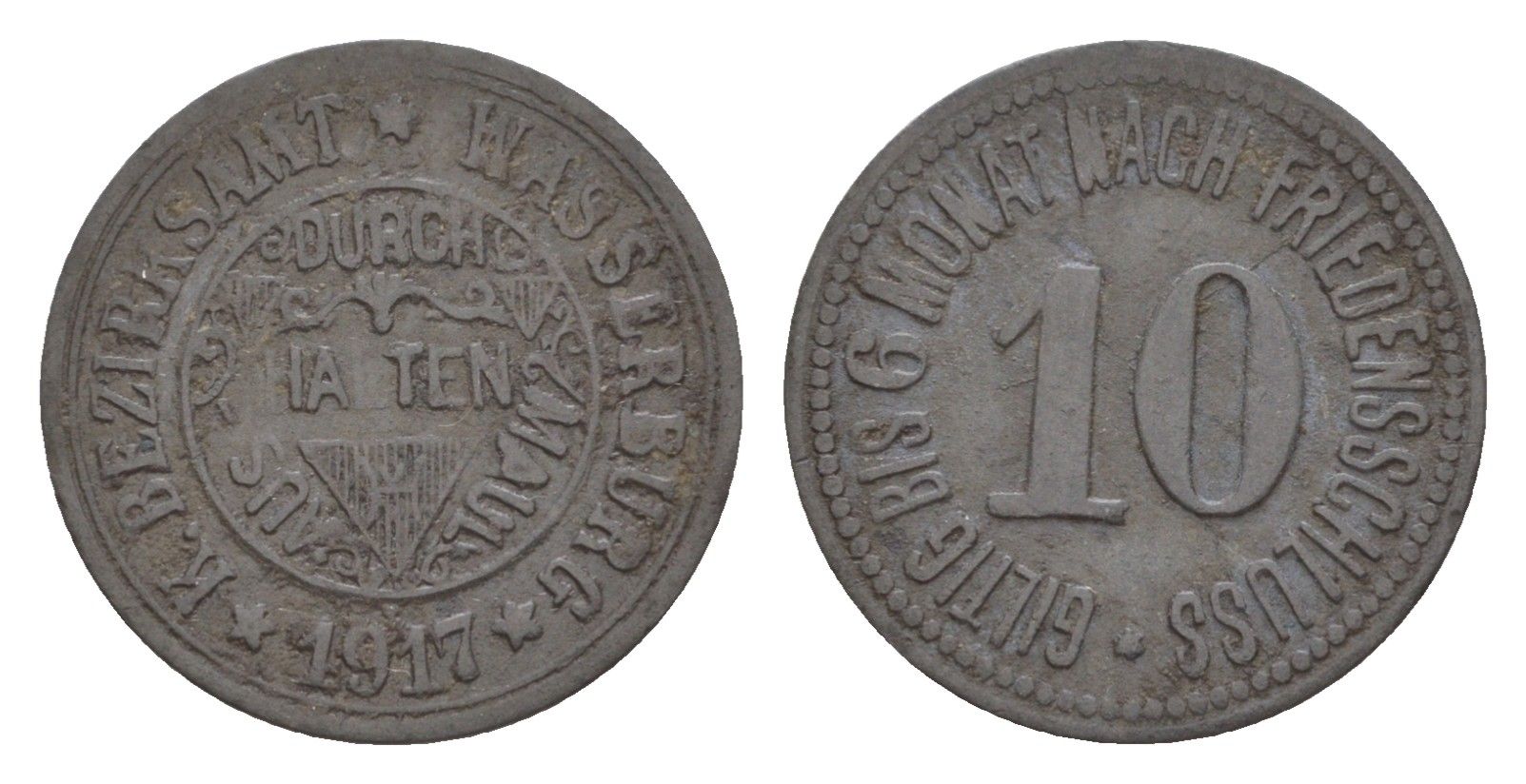 Вассербург-на-Инне 10 пфеннигов 1917 Funck 578.2, Men05 26132.2, Men18 32873.2 цинк 4547-314