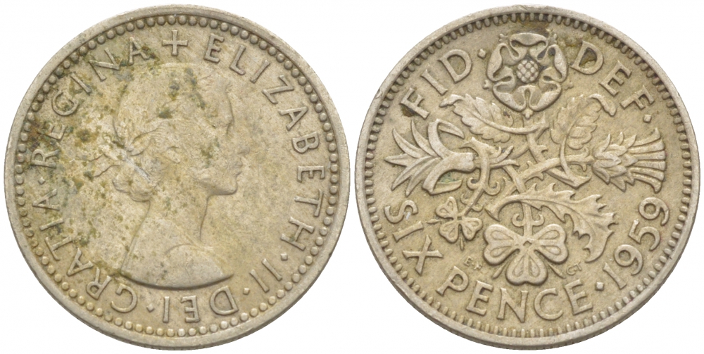 Великобритания 6 пенсов 1959 Елизавета II (1952-2022) KM 903, Spink 4149 медно-никель 214-1065