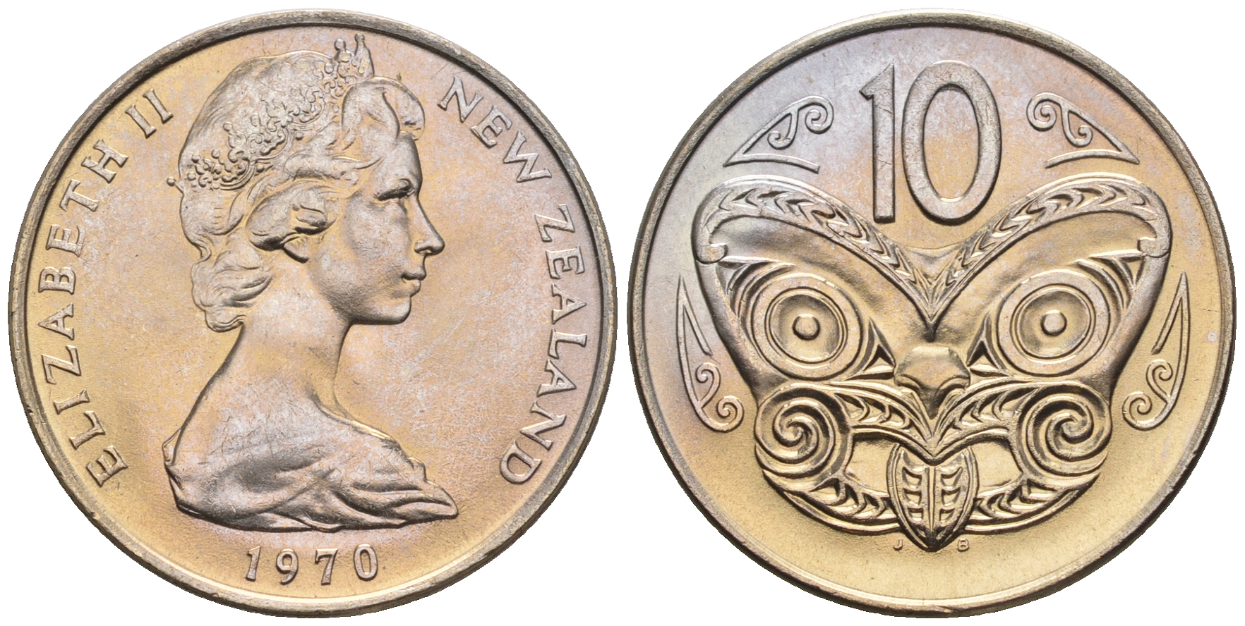 Новая Зеландия 10 центов 1970 Елизавета II (1952-2022), маска маори KM 41.1 медно-никель  UNC  4177-1217