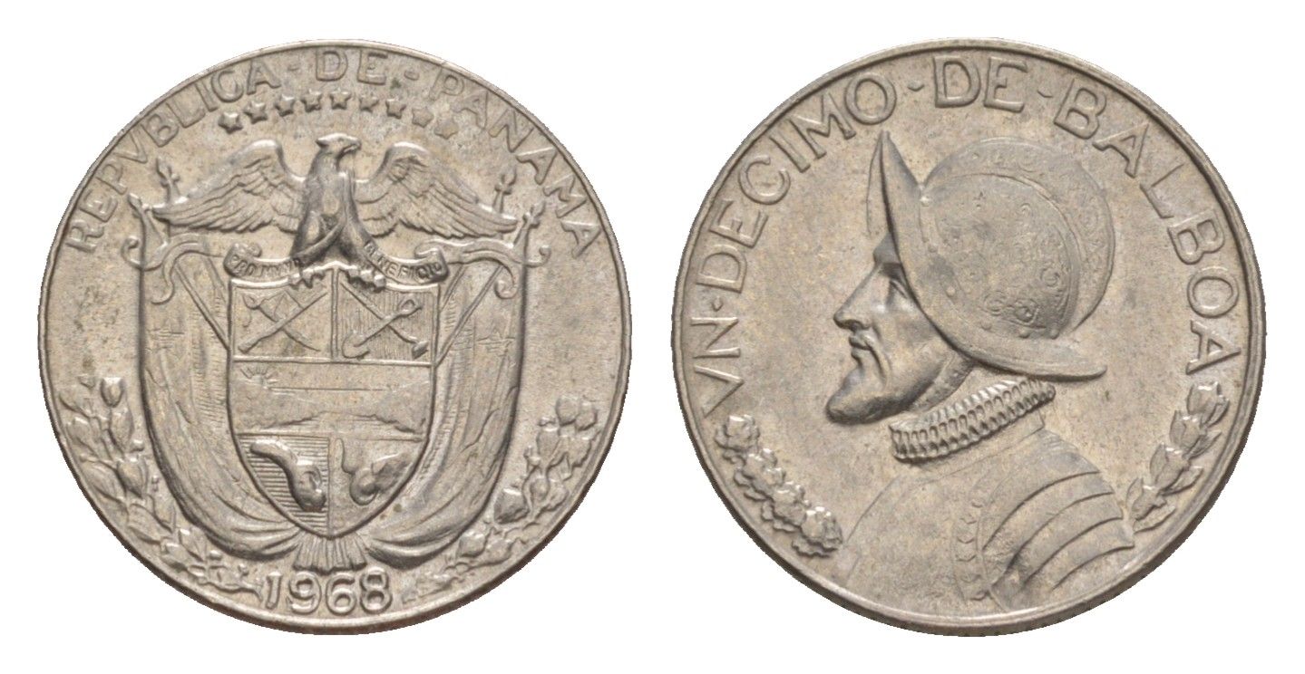 Панама 1/10 бальбоа (10 сентесимо) 1968 KM 10 медь плакированная медно-никелем UNC 4644-129