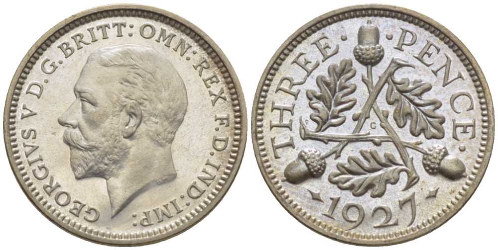 Великобритания 3 пенса 1927 Георг V (1910-1936), четвертый выпуск, тираж 15000 экземпляров KM 831, Spink 4042 серебро  PROOF 00-000-00