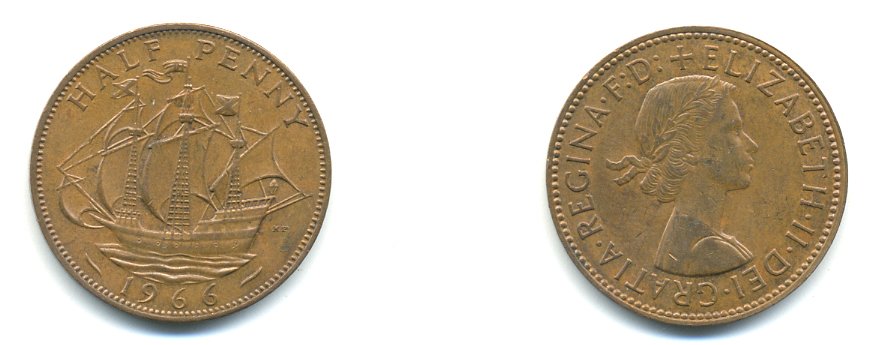 Великобритания 1/2 пенни 1966 Елизавета II (1952-2022) KM 896, Spink 4158 бронза 59-1335