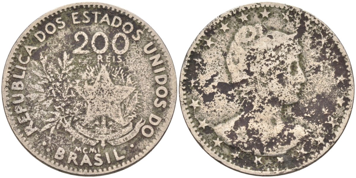 Бразилия 200 рейс 1901 голова свободы вправо KM 504 медно-никель 4589-1033