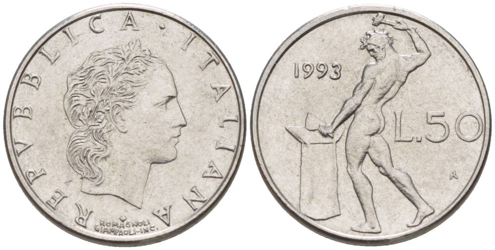 ИТАЛИЯ 50 ЛИР 1993 R, БОГ ОГНЯ ВУЛКАН У НАКОВАЛЬНИ, ДИАМЕТР 17 ММ. KM 95.2 нержавеющая сталь 4551-426