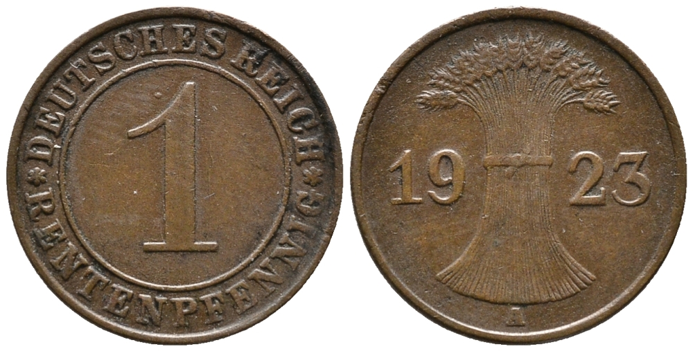 ГЕРМАНИЯ 1 РЕНТЕНПФЕННИГ 1923 А KM 30, J. 306 бронза 39-827
