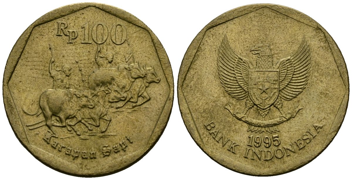 Индонезия 100 рупий 1995 гонки на быках KM 53 алюминиевая бронза 4138-1244