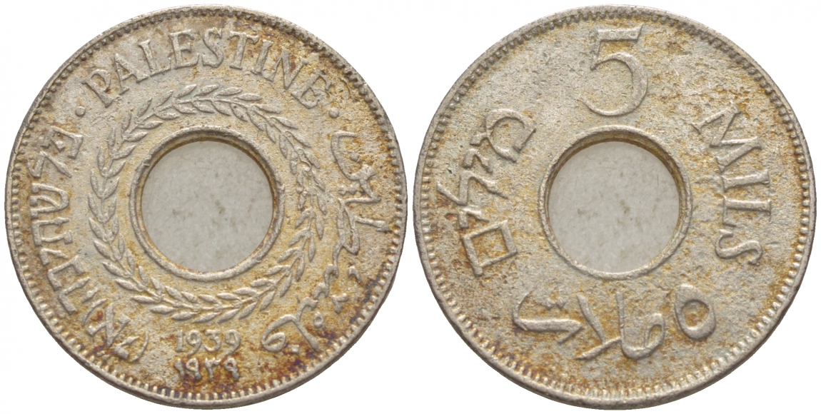 Израиль, Палестина 5 милсов 1939 Британская администрация KM 3 медно-никель 4548-944
